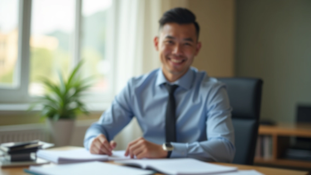 Person smiling at desk with organized financial documents and calculator, confident about finances